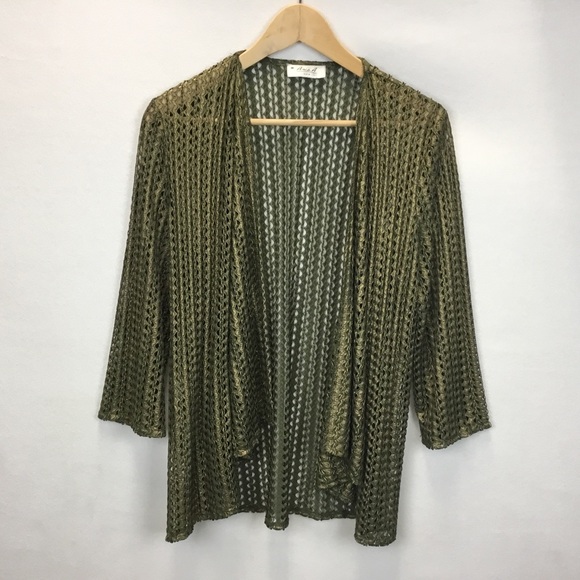Aris A. Sweaters - Aris. A Gold Olive Green Metallic Open Front Cardigan Mesh Fairy Grunge Party